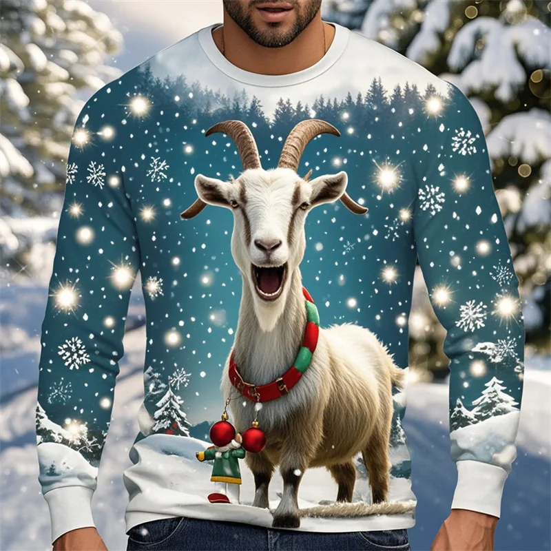 Funny Screaming Goat Graphic T Shirts Casual Animal Long Sleeve T Shirt For Men Clothes Christmas Sheep 3D Printed Tee Boy Tops