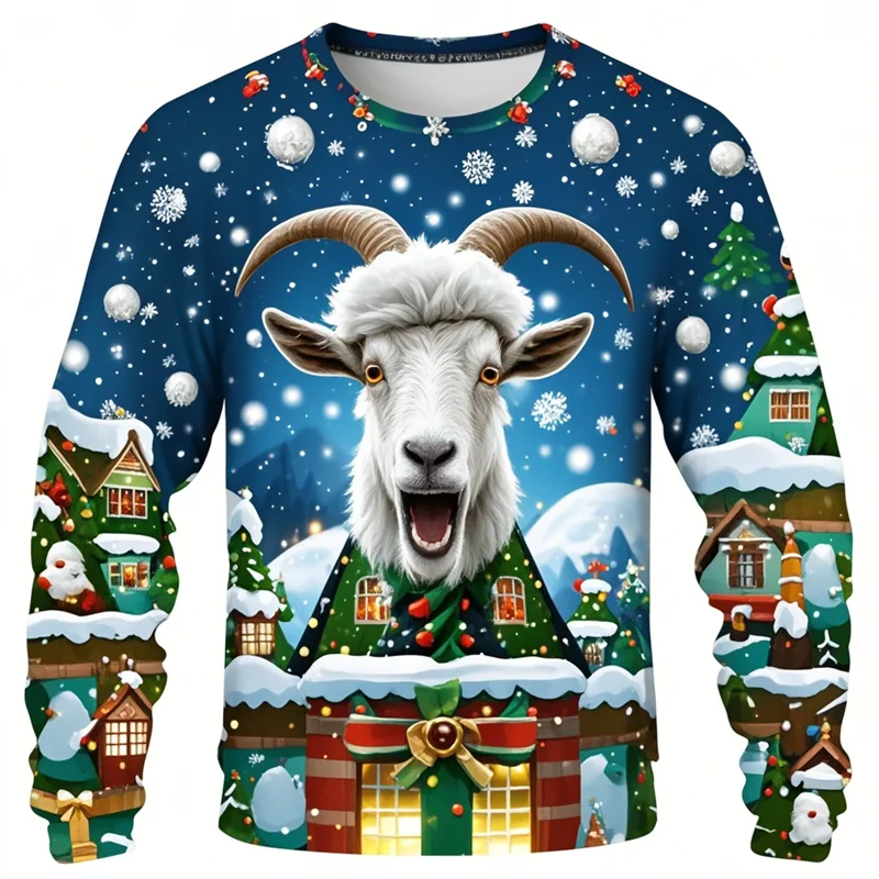 Funny Screaming Goat Graphic T Shirts Casual Animal Long Sleeve T Shirt For Men Clothes Christmas Sheep 3D Printed Tee Boy Tops
