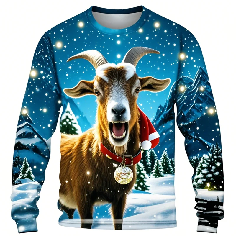 Funny Screaming Goat Graphic T Shirts Casual Animal Long Sleeve T Shirt For Men Clothes Christmas Sheep 3D Printed Tee Boy Tops