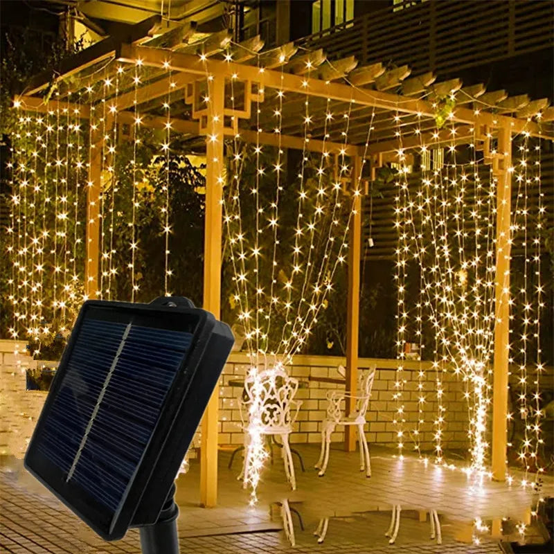 3Mx3M 300 LED Solar Curtain Light Outdoor Christmas Decoration Festoon Fairy Light New Year Copper Wire Party Wedding Garland