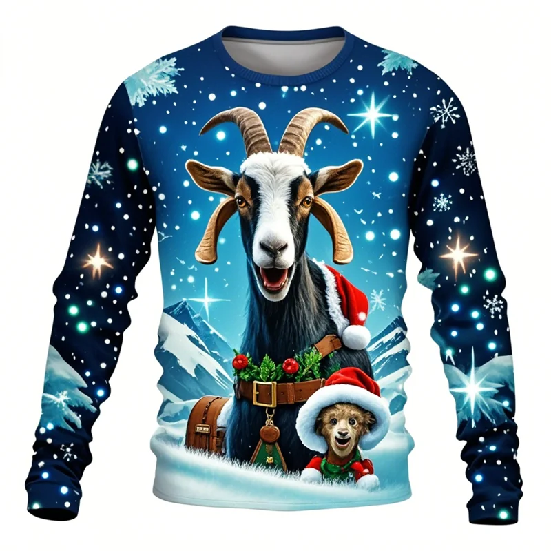 Funny Screaming Goat Graphic T Shirts Casual Animal Long Sleeve T Shirt For Men Clothes Christmas Sheep 3D Printed Tee Boy Tops