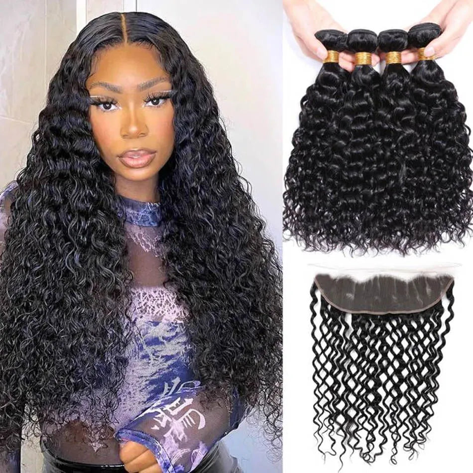 Indian Water Wave Human Hair Bundles With Frontal Wet and Wavy Human Hair 4 Bundles With 13X4 Frontal Ocean Water Wave Bundles