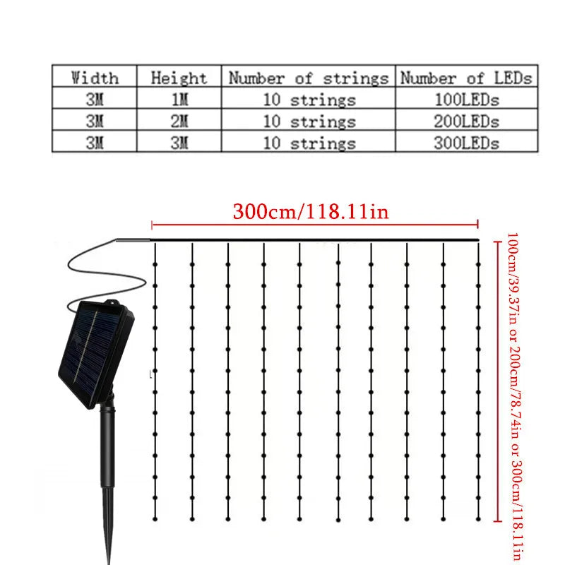 3Mx3M 300 LED Solar Curtain Light Outdoor Christmas Decoration Festoon Fairy Light New Year Copper Wire Party Wedding Garland