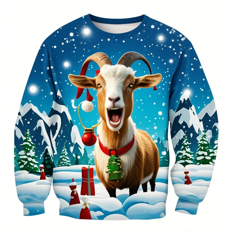 Funny Screaming Goat Graphic T Shirts Casual Animal Long Sleeve T Shirt For Men Clothes Christmas Sheep 3D Printed Tee Boy Tops
