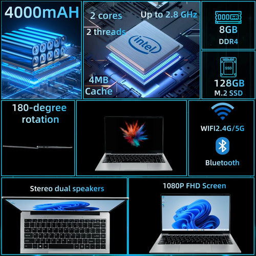 14 Inch Business Laptop Intel N4500 8GB DDR4 128GB SSD Windows 11 Slim Lightweight Durable Office Notebook