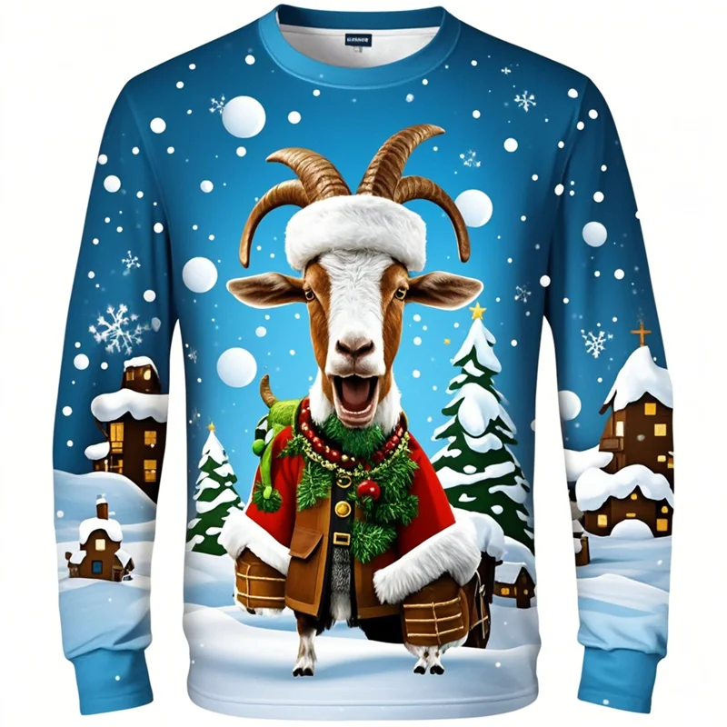 Funny Screaming Goat Graphic T Shirts Casual Animal Long Sleeve T Shirt For Men Clothes Christmas Sheep 3D Printed Tee Boy Tops