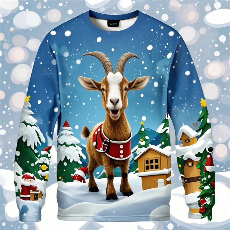 Funny Screaming Goat Graphic T Shirts Casual Animal Long Sleeve T Shirt For Men Clothes Christmas Sheep 3D Printed Tee Boy Tops