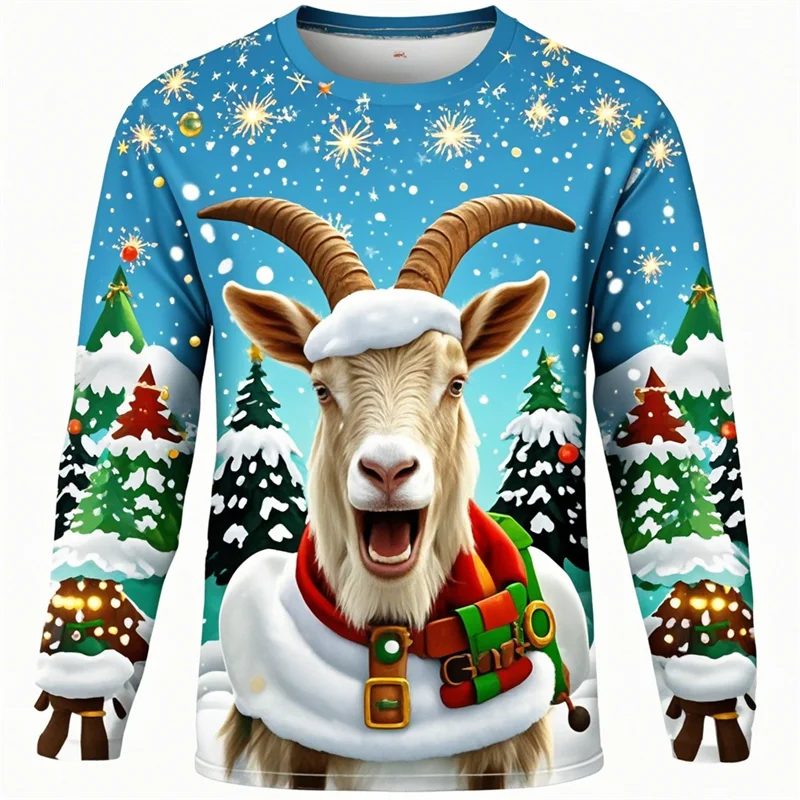 Funny Screaming Goat Graphic T Shirts Casual Animal Long Sleeve T Shirt For Men Clothes Christmas Sheep 3D Printed Tee Boy Tops