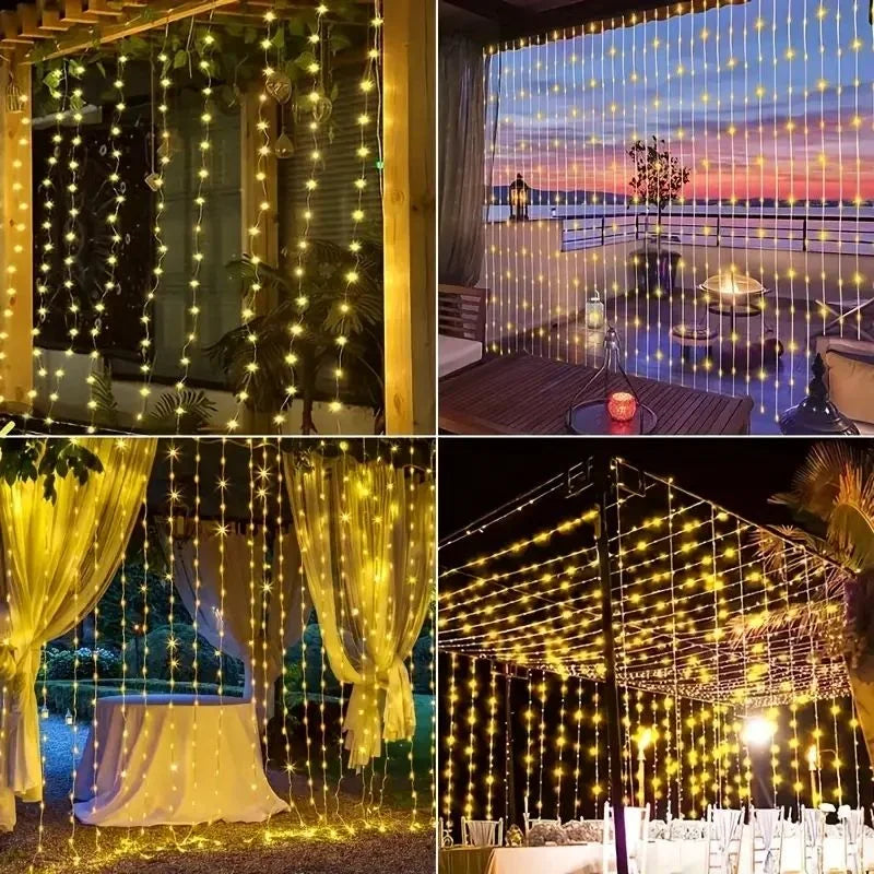 3Mx3M 300 LED Solar Curtain Light Outdoor Christmas Decoration Festoon Fairy Light New Year Copper Wire Party Wedding Garland