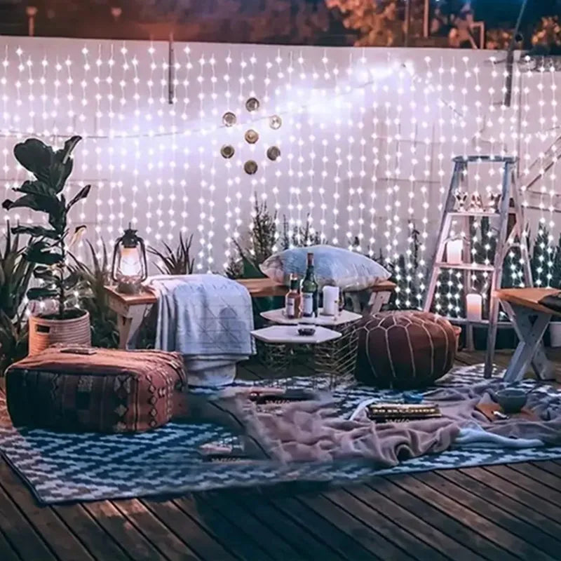 3Mx3M 300 LED Solar Curtain Light Outdoor Christmas Decoration Festoon Fairy Light New Year Copper Wire Party Wedding Garland