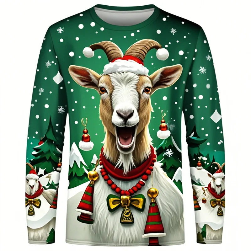 Funny Screaming Goat Graphic T Shirts Casual Animal Long Sleeve T Shirt For Men Clothes Christmas Sheep 3D Printed Tee Boy Tops