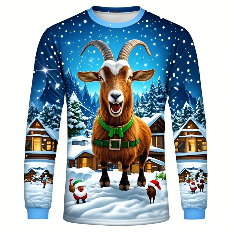 Funny Screaming Goat Graphic T Shirts Casual Animal Long Sleeve T Shirt For Men Clothes Christmas Sheep 3D Printed Tee Boy Tops